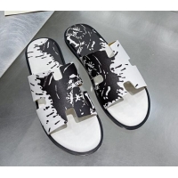 Discount Hermes Men's Izmir Print Leather Flat Slide Sandals 121623 White/Black