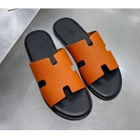 Unique Grade Hermes Men's Izmir Litchi-Grained Leather Flat Slide Sandals 121637 Orange/Black