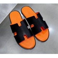 Low Price Hermes Men's Izmir Smooth Leather Flat Slide Sandals Black/Orange 121647