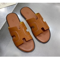 Best Product Hermes Men's Izmir Stitching Leather Flat Slide Sandals Brown 121655
