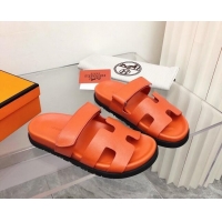 Best Luxury Hermes Chypre Calfskin Flat Slide Sandals 011309 Orange