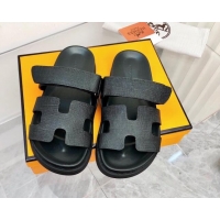 Good Product Hermes Chypre Calfskin Flat Slide Sandals All Black 011313