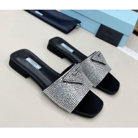 Most Popular Prada Crystal Flat Slide Sandals 011371 Silver/Black