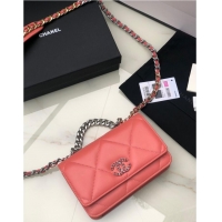 Good Quality Chanel 19 Classic Sheepskin Leather Chain Wallet AP0957 pink& silver-Tone Metal