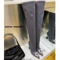 Low Price Amina Muaddi Lycra Over-Knee High Boots 9.5cm with Crystal Charm Storm Grey 111222