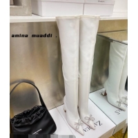 Stylish Amina Muaddi Lycra Over-Knee High Boots 9.5cm with Crystal Bow 111226 White
