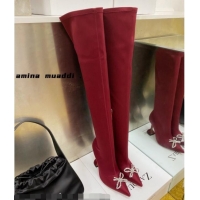 Perfect Amina Muaddi Lycra Over-Knee High Boots 9.5cm with Crystal Bow 111226 Red