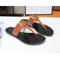 Low Price Gucci GG Leather Thong Sandal with Double G 022147 Brown