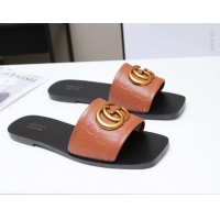 Affordable Price Gucci GG Leather Slide Sandal with Double G 022162 Brown