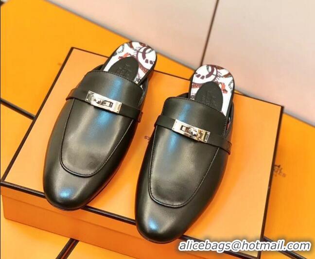 Grade Quality Hermes Oz Mule in Smooth Calfskin with Iconic Kelly Buckle 0212061 Black