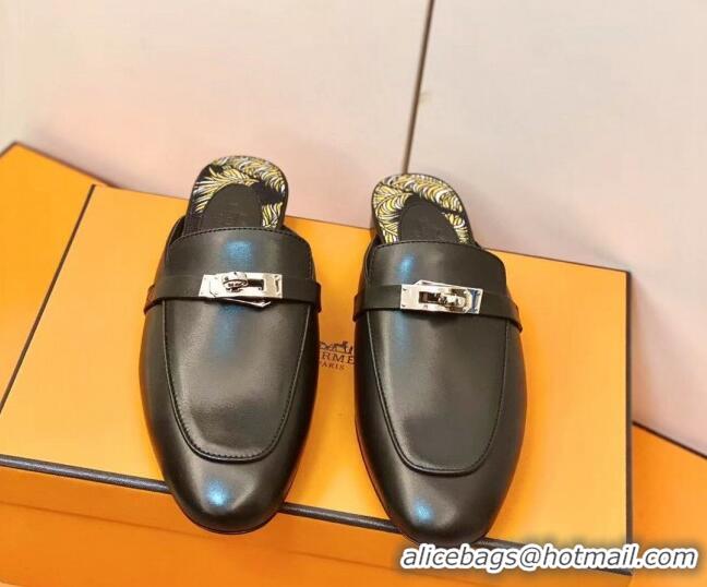 Duplicate Hermes Oz Mule in Smooth Calfskin with Iconic Kelly Buckle 0212061 Black