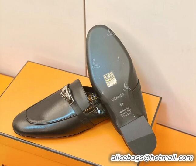 Duplicate Hermes Oz Mule in Smooth Calfskin with Iconic Kelly Buckle 0212061 Black
