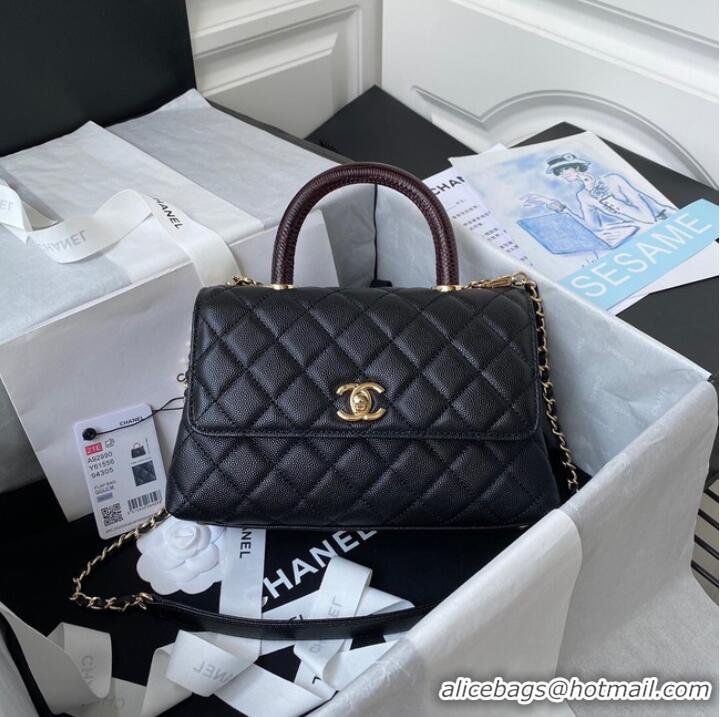 Top Grade Chanel flap bag with red top handle Grained Calfskin A92990 black