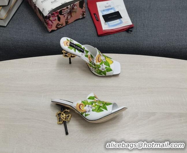 Luxury Dolce & Gabbana DG Print Calf Leather High Heel Slide Sandals White 10.5cm 030760