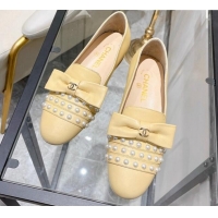 Newest Chanel Lambskin Loafers with Pearl and Bow 021546 Beige