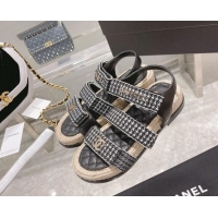 Luxury Chanel Houndstooth Strap Flat Sandals 021551 Black 2022