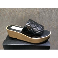 Good Taste Chanel Lambskin Wedge Slide Sandals 6.5cm 030423 Black