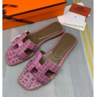Pretty Style Hermes Oran Stone Embossed Leather Flat Slide Sandals 0216114 Pink