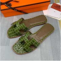 Shop Duplicate Hermes Oran Stone Embossed Leather Flat Slide Sandals 0216114 Army Green