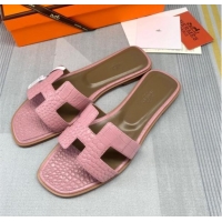 Discount Hermes Oran Crocodile Embossed Leather Flat Slide Sandals 0216139 Pink