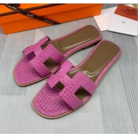 Duplicate Hermes Oran Crocodile Embossed Leather Flat Slide Sandals 0216139 Fuchsia