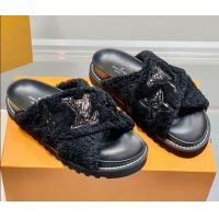 Duplicate Louis Vuitton Paseo Shearling Flat Comfort Slide Sandals Black 030725
