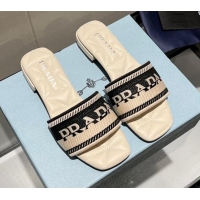Top Quality Prada Fabric Flat Slide Sandals Black/Beige 032396