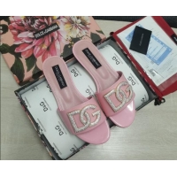 Fashion Dolce & Gabbana Patent Leather Crystal DG Flat Slide Sandals Light Pink 030563