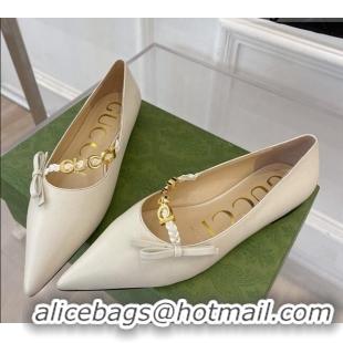 Sumptuous Gucci Leather Ballet Flat with 'GUCCI' Bow White 032548