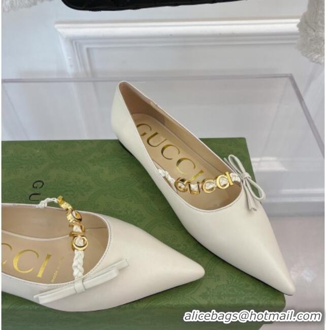 Sumptuous Gucci Leather Ballet Flat with 'GUCCI' Bow White 032548