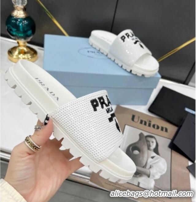 Charming Prada Sequins Flat Slide Sandals White 032388