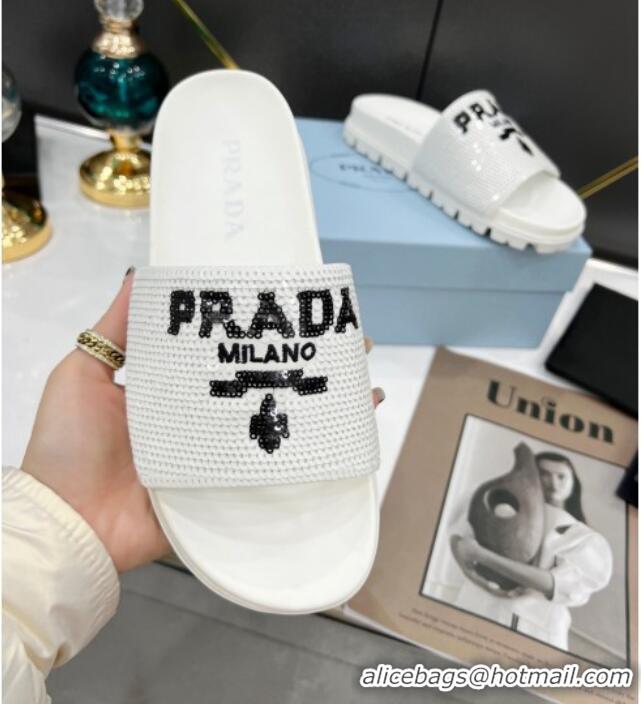 Charming Prada Sequins Flat Slide Sandals White 032388