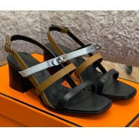 Low Cost Hermes Eve Calfskin Medium Heel Sandal 6cm with Kelly Buckle Black/White/Brown 032554