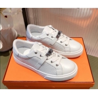 Perfect Hermes Day Perforated Calfskin Sneakers with Kelly Buckle White 032561