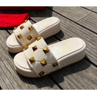 Perfect Valentino Rockstud Lambskin Platform Slide Sandals White 0323126
