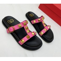 Stylish Valentino Roman Stud Calf Leather Flat Slide Sandals Pink 0323142