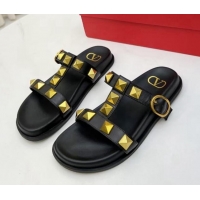 Sumptuous Valentino Roman Stud Calf Leather Flat Slide Sandals Black 0323146