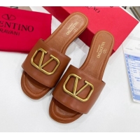 Good Looking Valentino VLogo Calf Leather Flat Slide Sandals Brown 0323147