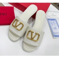 Duplicate Valentino VLogo Calf Leather Flat Slide Sandals White 0323151