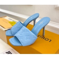 Best Grade Louis Vuitton Revival High Heel Slide Sandals 9.5cm in Monogram Embossed Lambskin Sky Blue 0325106