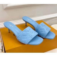 Luxury Louis Vuitton Revival High Heel Slide Sandals 5.5cm in Monogram Embossed Lambskin Sky Blue 0325114