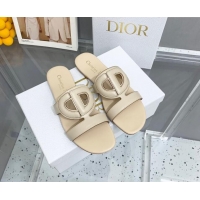 Unique Style Dior Leather CD Flat Slide Sandals Light Beige 042248