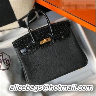 Famous Brand Hermes Touch Birkin Bag 25cm in Crocodile Embossed Leather and Togo Calfskin H25 Black/Gold