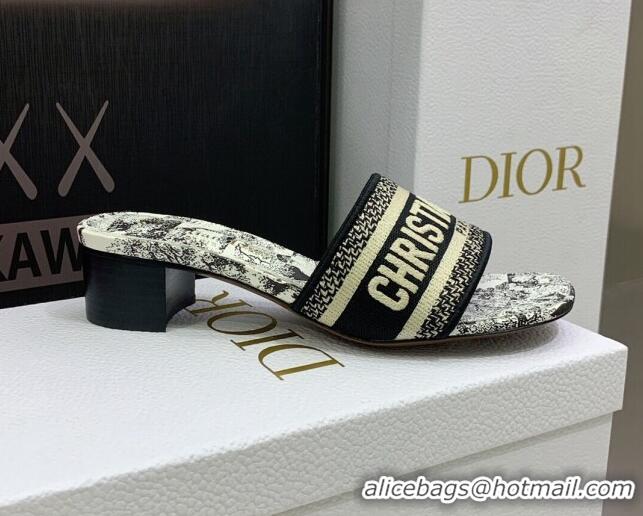 Good Quality Dior Dway Heeled Slide Sandals in Toile de Jouy Stripes Embroidery Beige/Black 052070