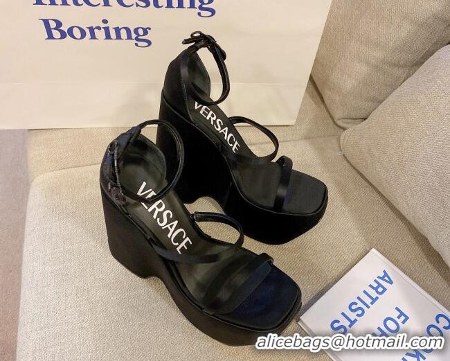 Sophisticated Versace Triplatform Silk Wedge Platform Strap Sandals 16cm Black 052555