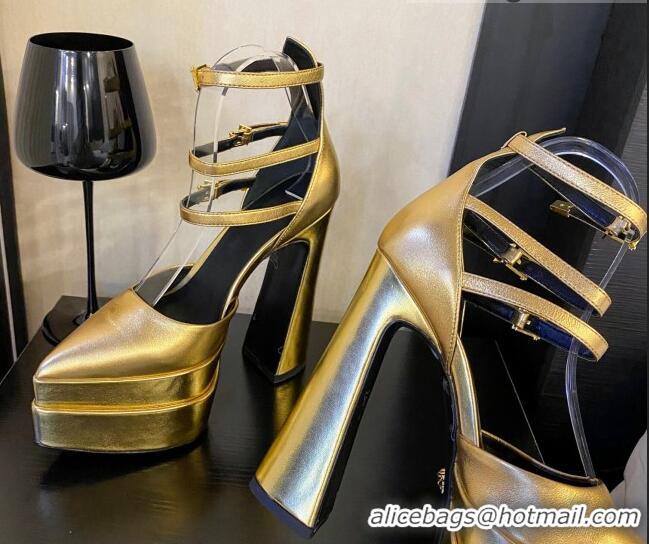 Luxurious Versace Lambskin High Heel Platform Pumps 15.5cm Gold 052564