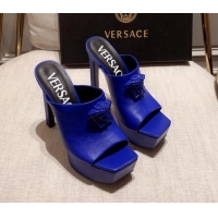 Popular Style Versace Calfskin Platform Slide Sandals 14cm Blue 031947