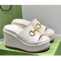 Good Quality Gucci Leather Wedge Platform Slide Sandal with Horsebit White 0422103