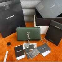 Top Grade Yves Saint Laurent KATE CHAIN WALLET WITH TASSEL IN CROCODILE-EMBOSSED SHINY LEATHER 452159B blackish green