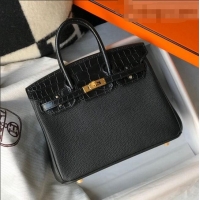 Famous Brand Hermes Touch Birkin Bag 25cm in Crocodile Embossed Leather and Togo Calfskin H25 Black/Gold